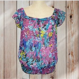 I.N. San Francisco Abstract Floral Flutter Sleeve Blouse